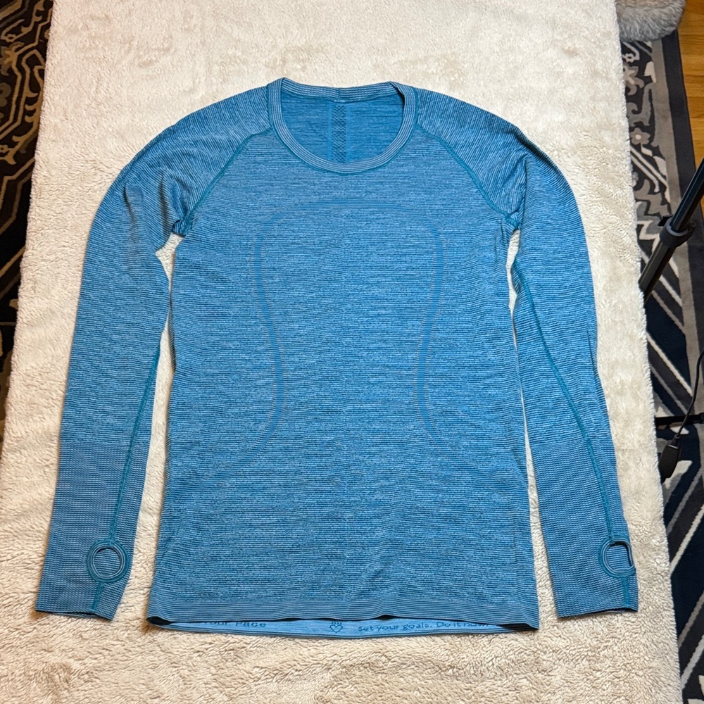 Lululemon Swiftly Tech Long Sleeve Crew Indian Ocean Blue / Black Sz 10 - Picture 2 of 10